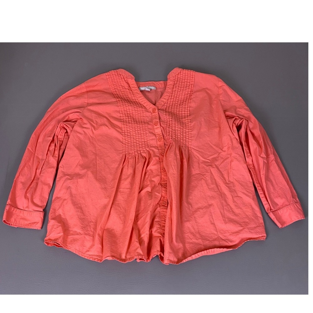 Woman Within Tunic Top Women's 1X 22/24 Coral Pink Cotton Pintuck Pleated Button